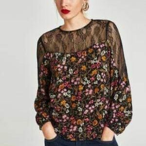 Zara Dark Floral Sheer Lace Panel Long Sleeve Whimsigoth Blouse Black Size Small